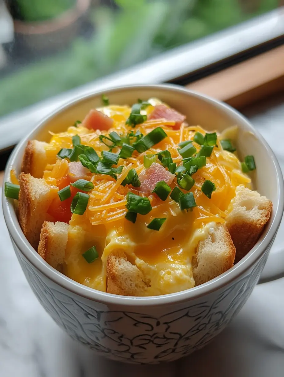 TikTok Egg Toast Mug Hack: The Coziest Breakfast You Can Microwave in Minutes 11 Cheesy mug egg toast topped with ham, green onions, and melted cheese