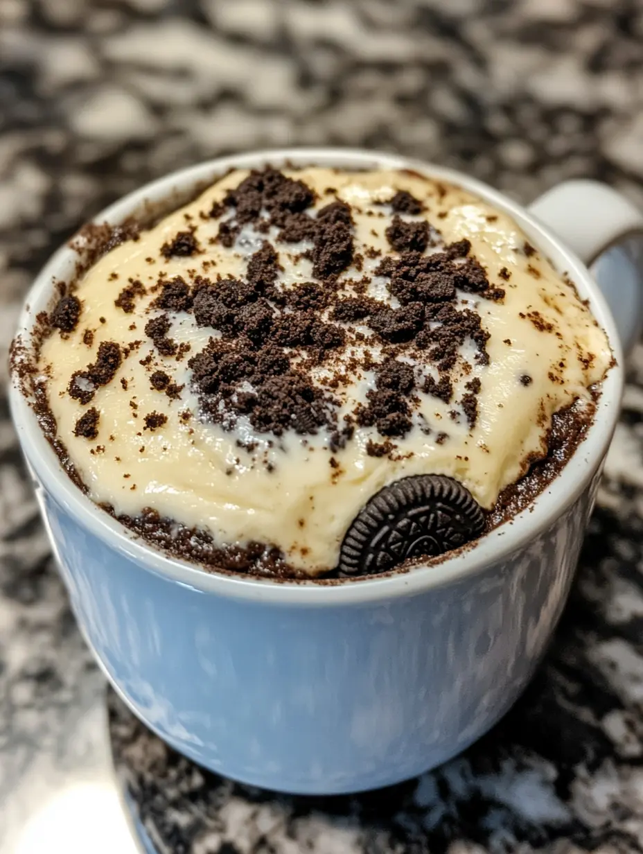 Labubu-Inspired Oreo Mug Cake with Cheesecake Filling (Quick & Cozy Treat) 7 Labubu-Inspired Oreo Mug Cake with Cheesecake Filling served warm in a white mug
