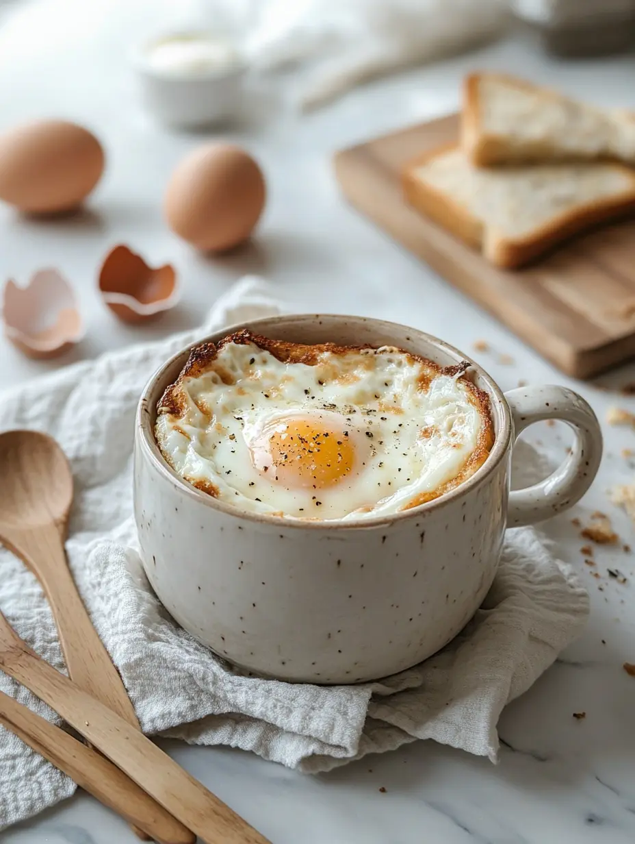 The 10 Best Mug Recipes You’ll Crave Again and Again 2 A baked egg resting on a layer of toast and cheese inside a ceramic mug