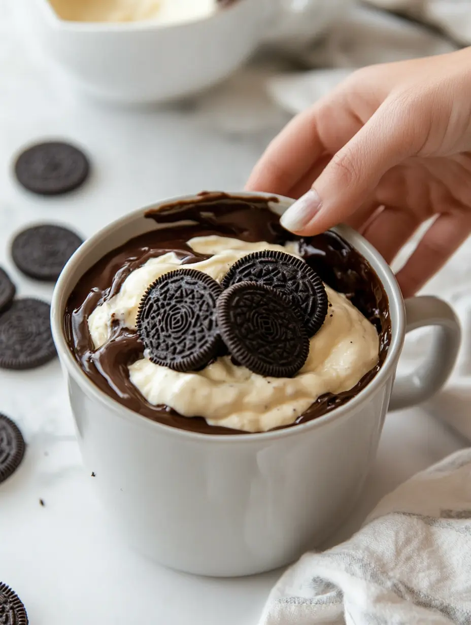 Labubu-Inspired Oreo Mug Cake with Cheesecake Filling (Quick & Cozy Treat) 9 Finished Labubu-Inspired Oreo Mug Cake with Cheesecake Filling topped with whipped cream and Oreo crumbs
