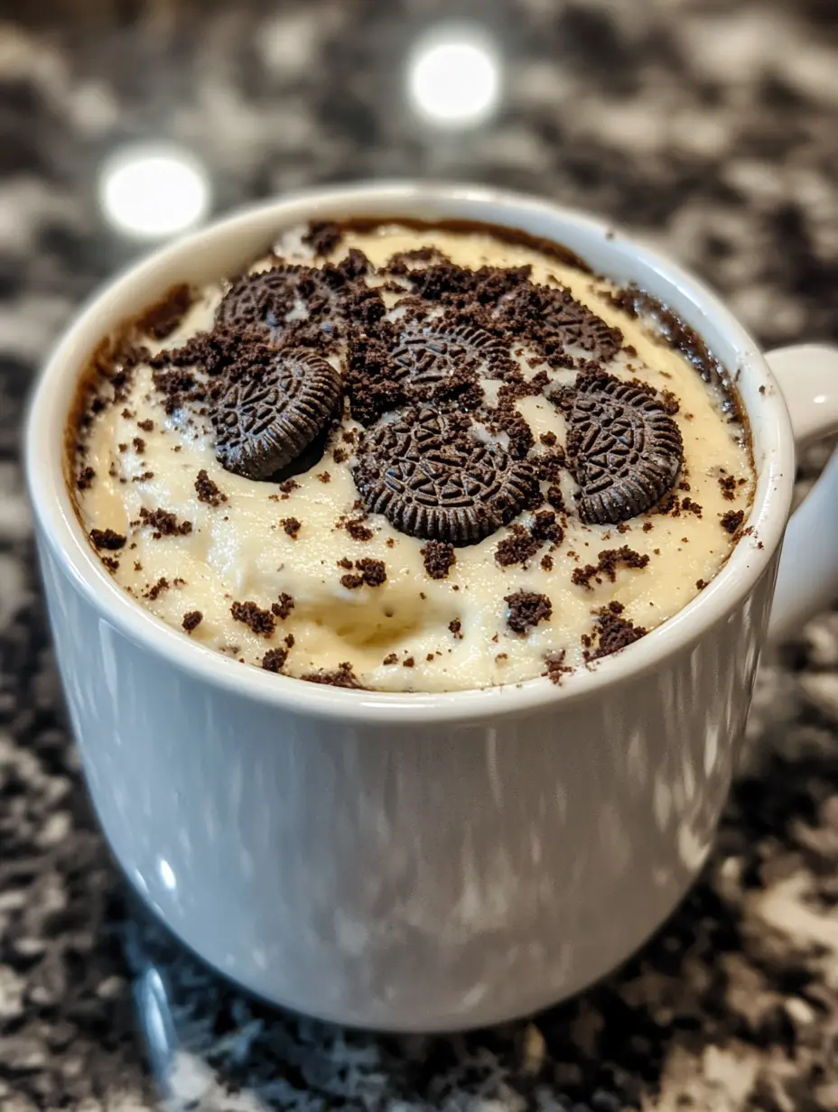 Labubu-Inspired Oreo Mug Cake with Cheesecake Filling (Quick & Cozy Treat) 10 Delicious Labubu-Inspired Oreo Mug Cake with Cheesecake Filling served warm in a white mug
