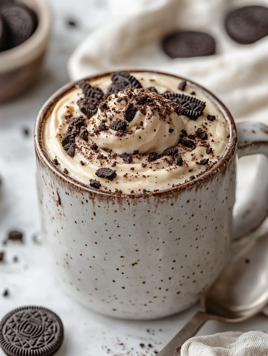 The 10 Best Mug Recipes You’ll Crave Again and Again 1 A rustic ceramic mug filled with creamy Oreo cheesecake dessert topped with crushed cookies
