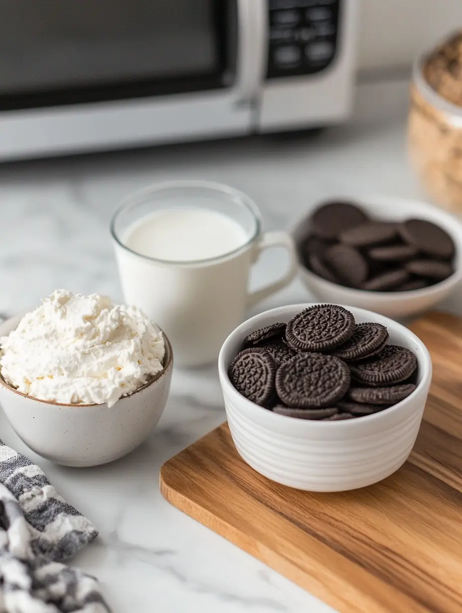 Labubu-Inspired Oreo Mug Cake with Cheesecake Filling (Quick & Cozy Treat) 7 Ingredients for Labubu-Inspired Oreo Mug Cake with Cheesecake Filling laid out on counter