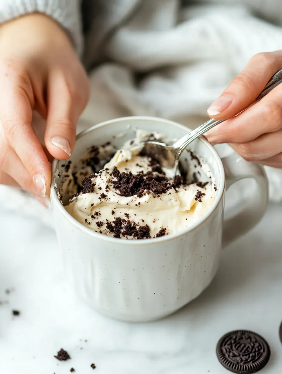 Labubu-Inspired Oreo Mug Cake with Cheesecake Filling (Quick & Cozy Treat) 8 Layering batter and cheesecake in Labubu-Inspired Oreo Mug Cake