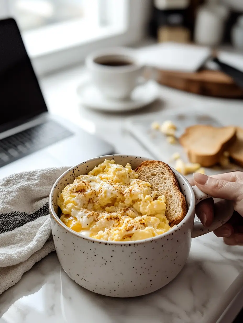 Why We Love Mug Meals (And Why You Might Too) 1 Freshly made egg toast mug meal held in hand beside coffee on a cozy kitchen counter