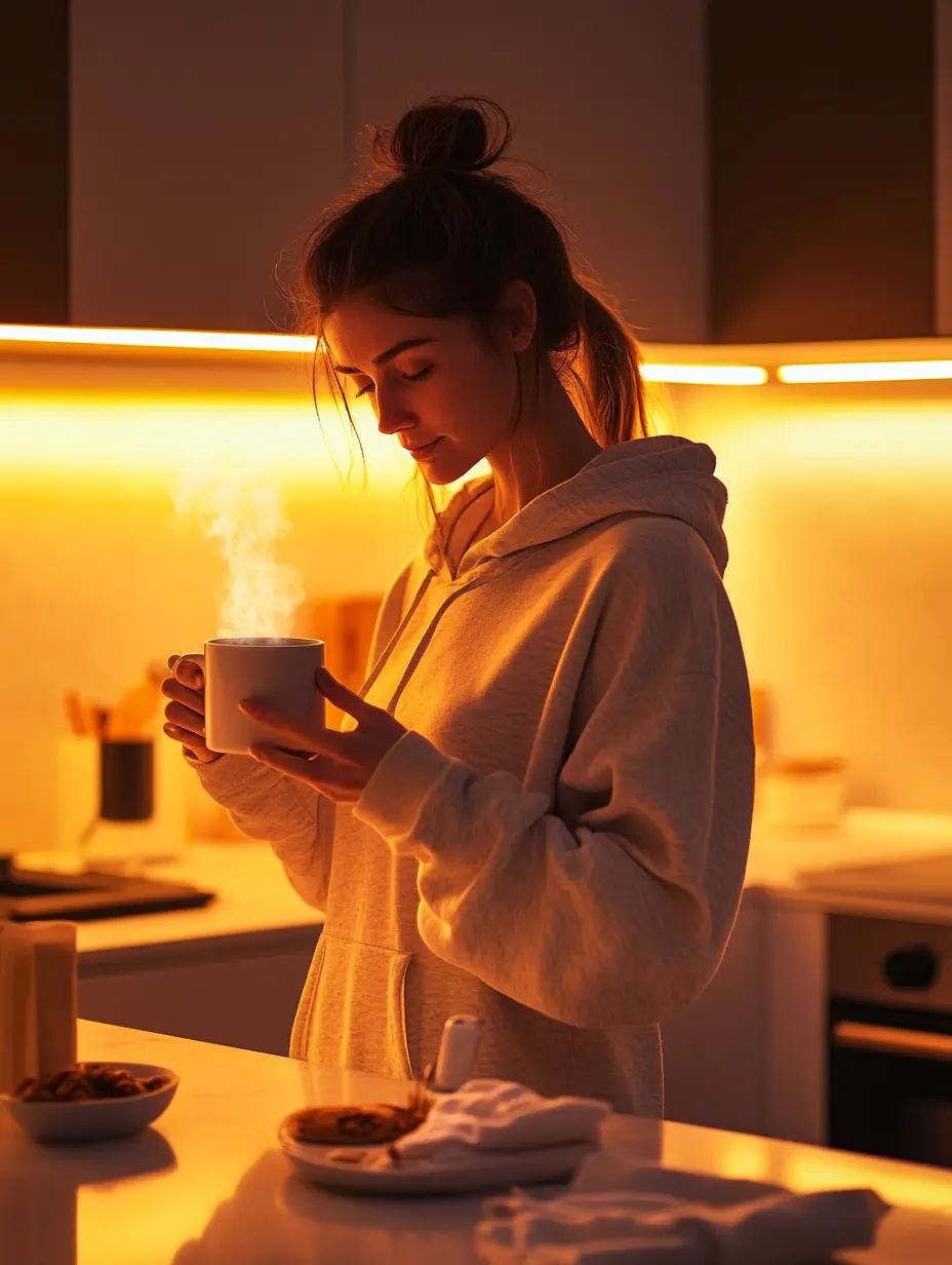 Why We Love Mug Meals (And Why You Might Too) 1 Woman holding a steaming mug meal in a warmly lit modern kitchen at night