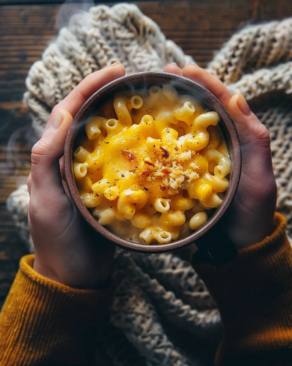 Why We Love Mug Meals (And Why You Might Too) 2 Hands holding a cozy mug of creamy mac and cheese on a knit blanket