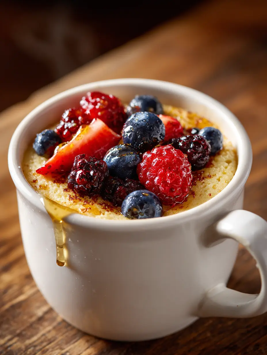 Cottage cheese mug cake served warm with berries and honey