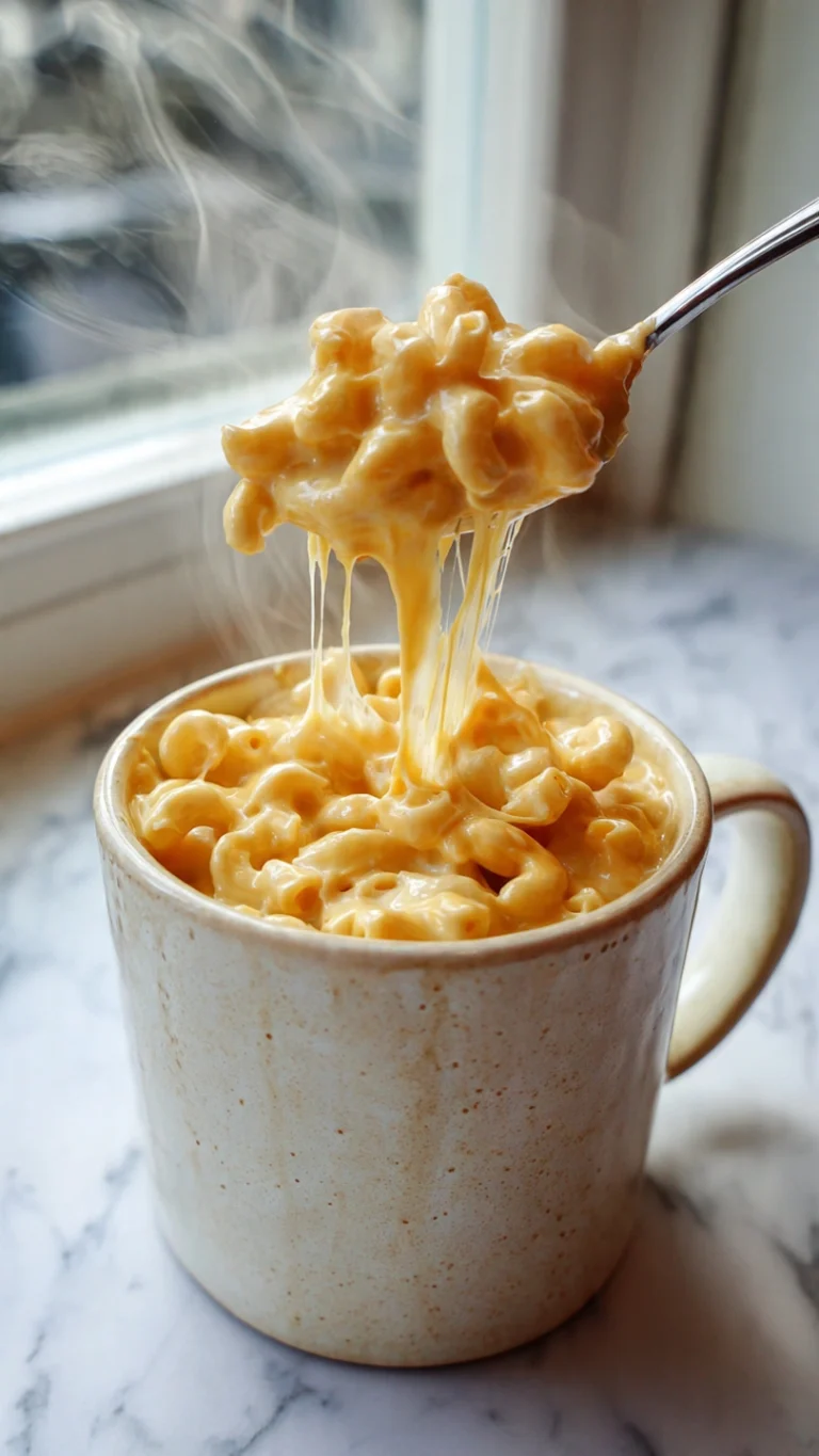 Ultra creamy mac and cheese in a mug with melted cheese stretching from spoon, homemade comfort food