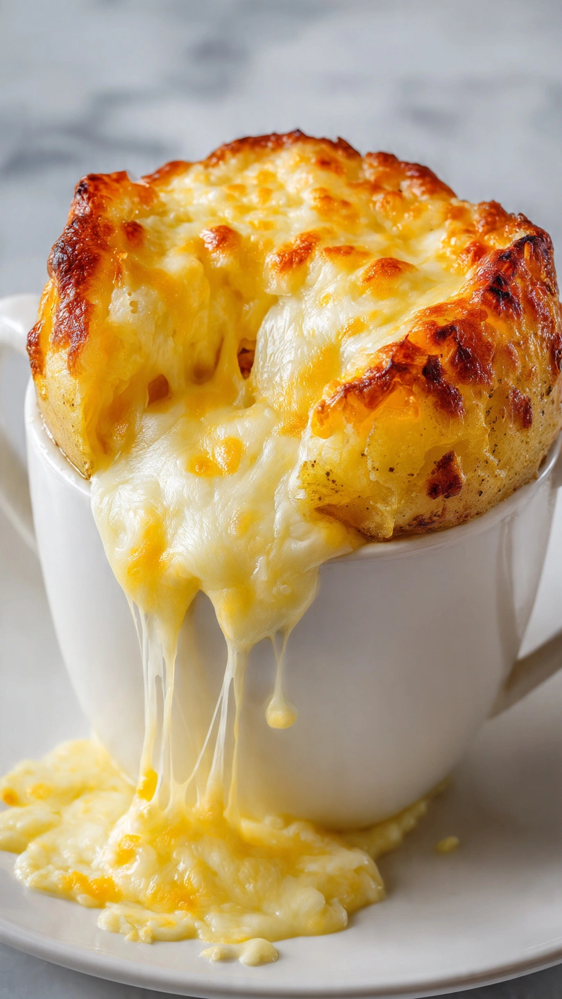 spoon breaking into cheesy potato mug revealing melted cheese filling