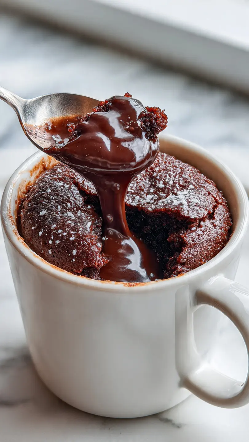 chocolate lava mug cake with molten center flowing from spoon