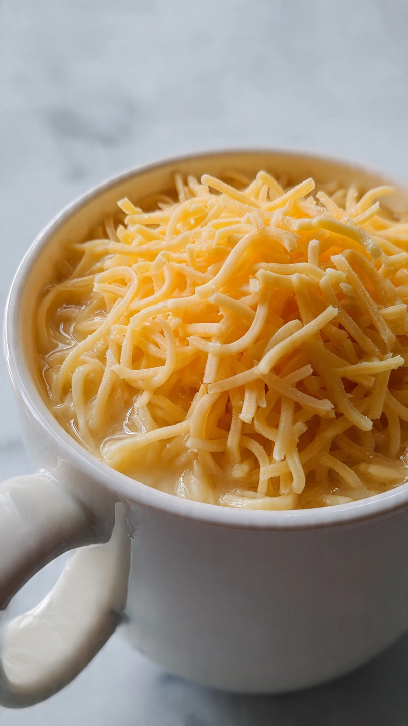 Shredded cheddar cheese melting into creamy mac and cheese inside a mug