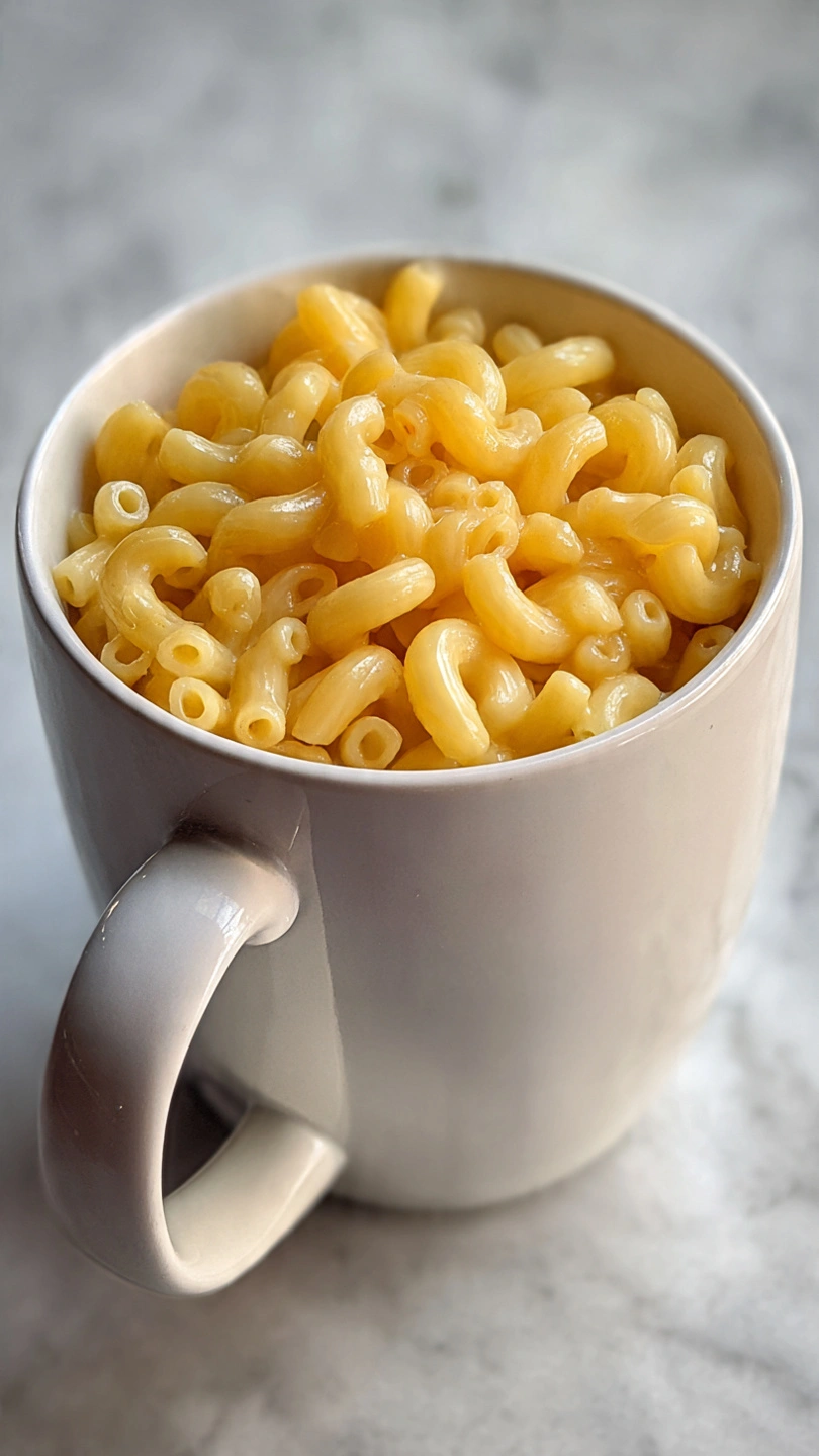 Cooked elbow macaroni inside a mug before adding cheese sauce