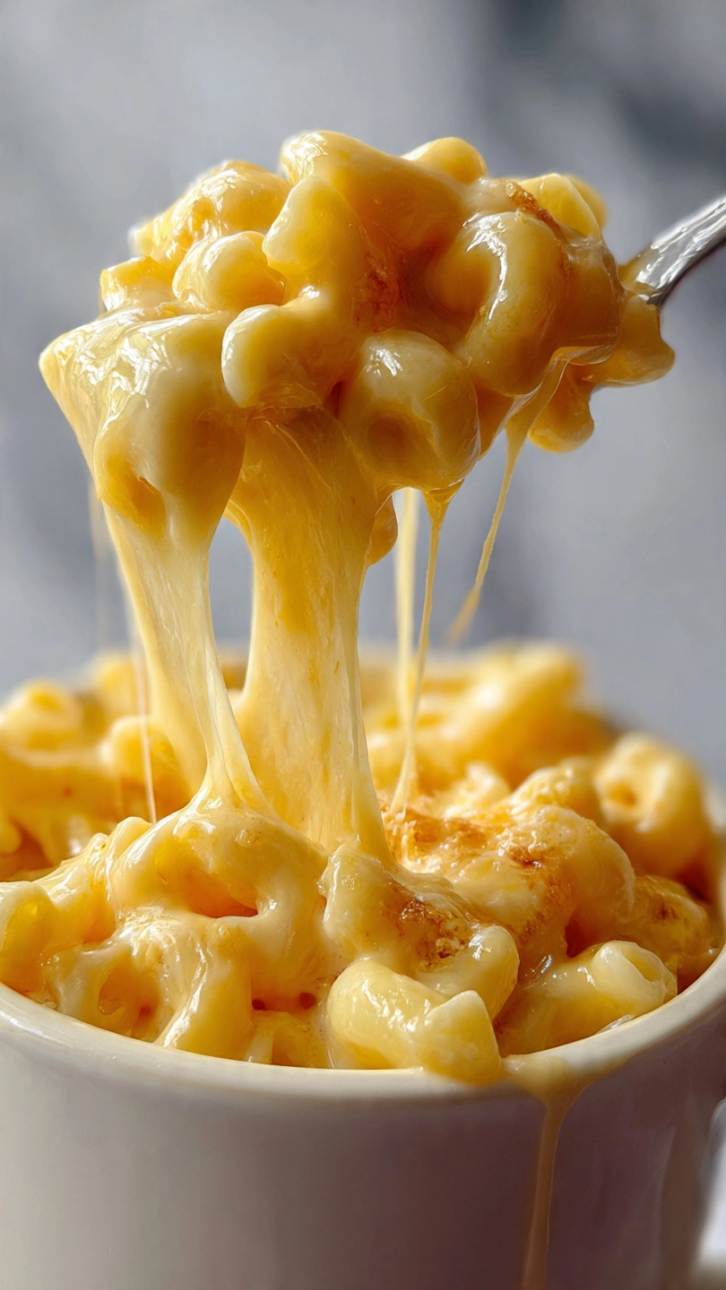 Extreme close-up of mac and cheese with thick melted cheese stretching and dripping