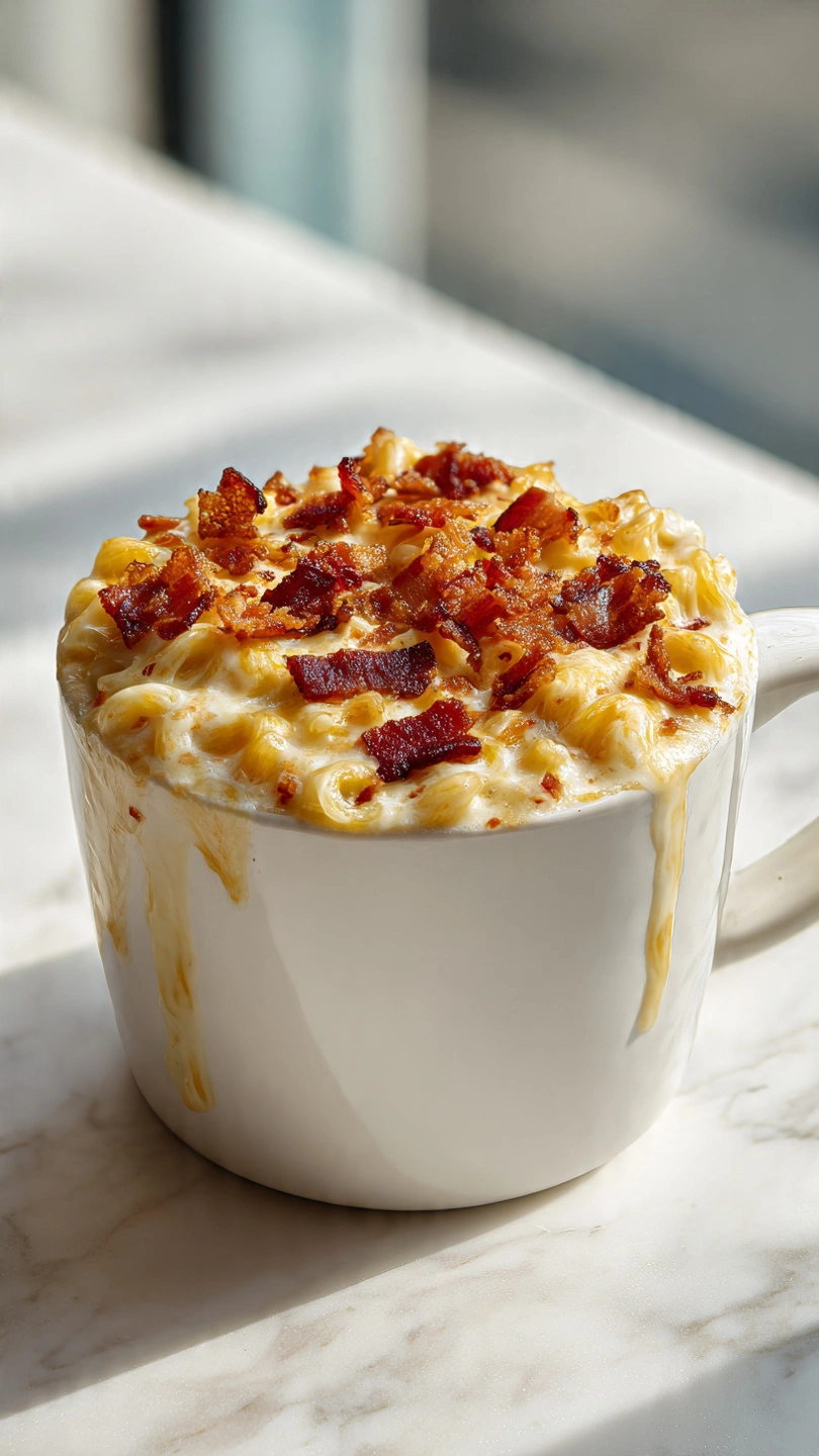 Mac and cheese in a mug topped with crispy bacon pieces and melted cheese