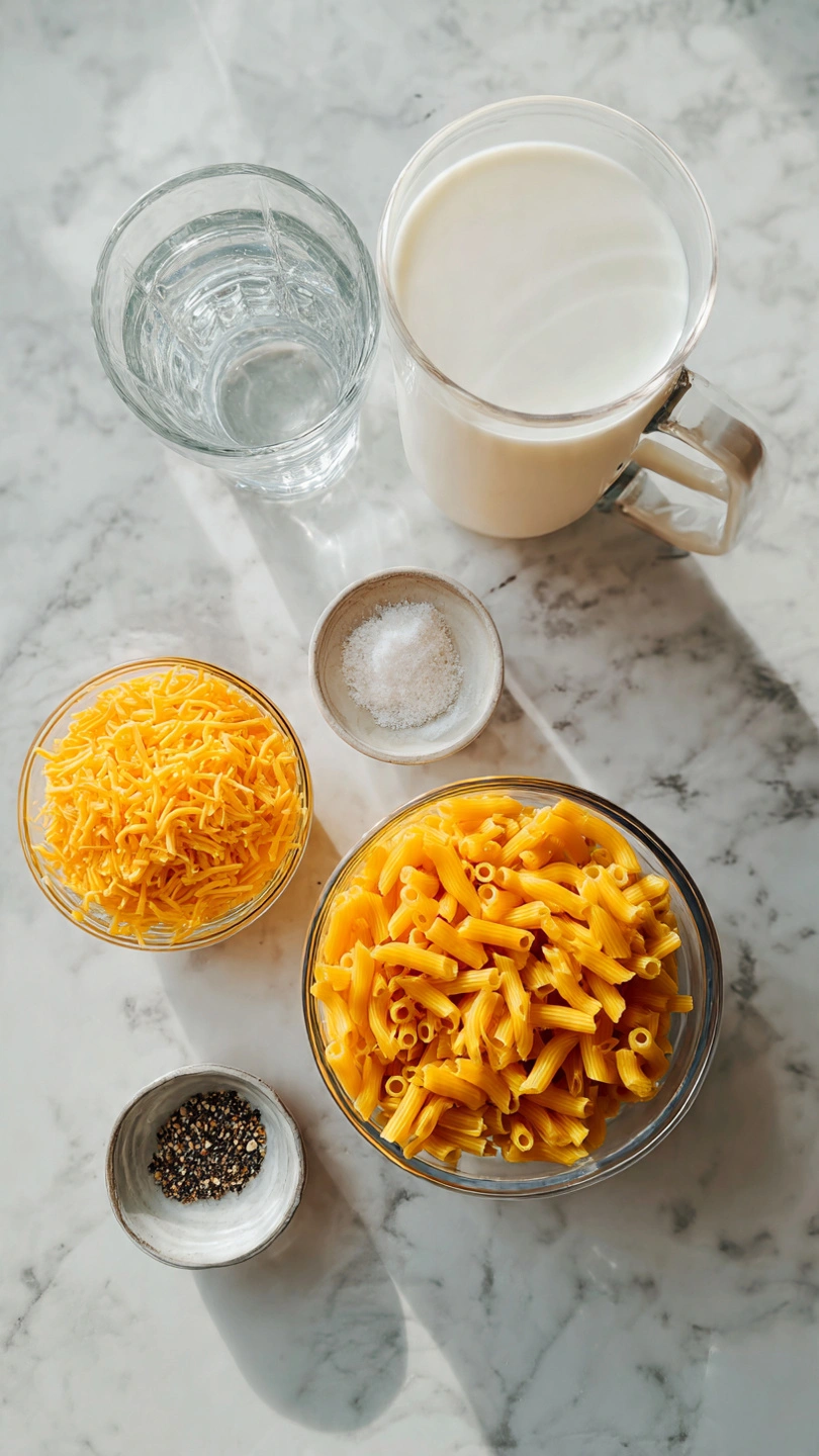 Ingredients for mac and cheese in a mug including pasta, cheese, milk, salt and pepper