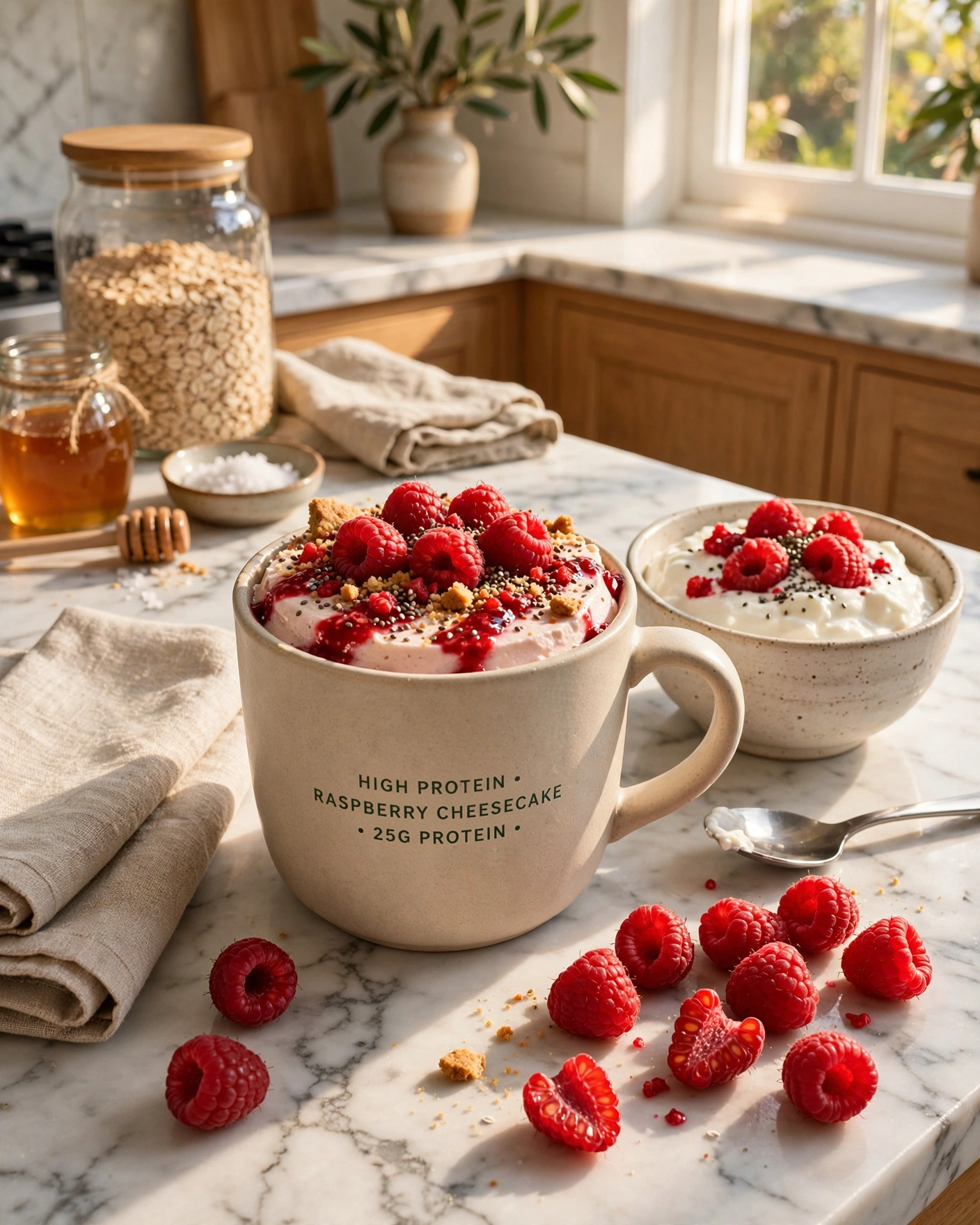 High Protein Raspberry Cheesecake Mug (28g Protein in 5 Minutes) 5 High Protein Raspberry Cheesecake Mug served for breakfast with fresh raspberries