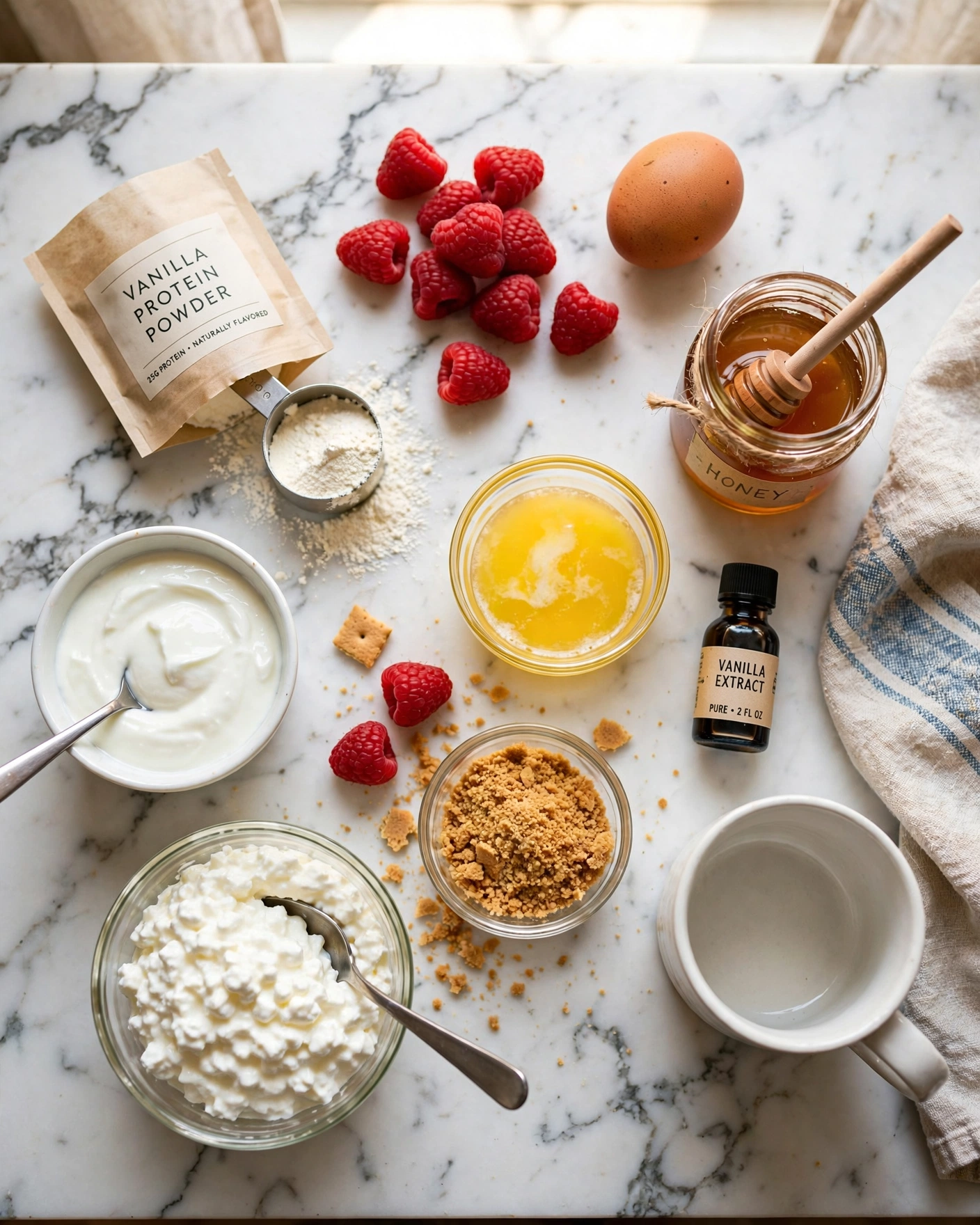 High Protein Raspberry Cheesecake Mug (28g Protein in 5 Minutes) 2 Ingredients for making a high protein raspberry cheesecake mug with cottage cheese and Greek yogurt