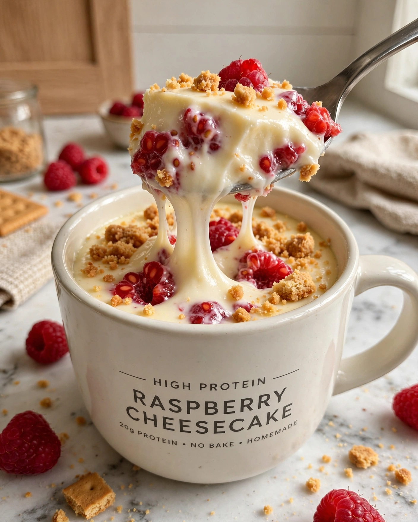 High Protein Raspberry Cheesecake Mug (28g Protein in 5 Minutes) 4 Creamy spoonful of high protein raspberry cheesecake mug with fresh raspberries