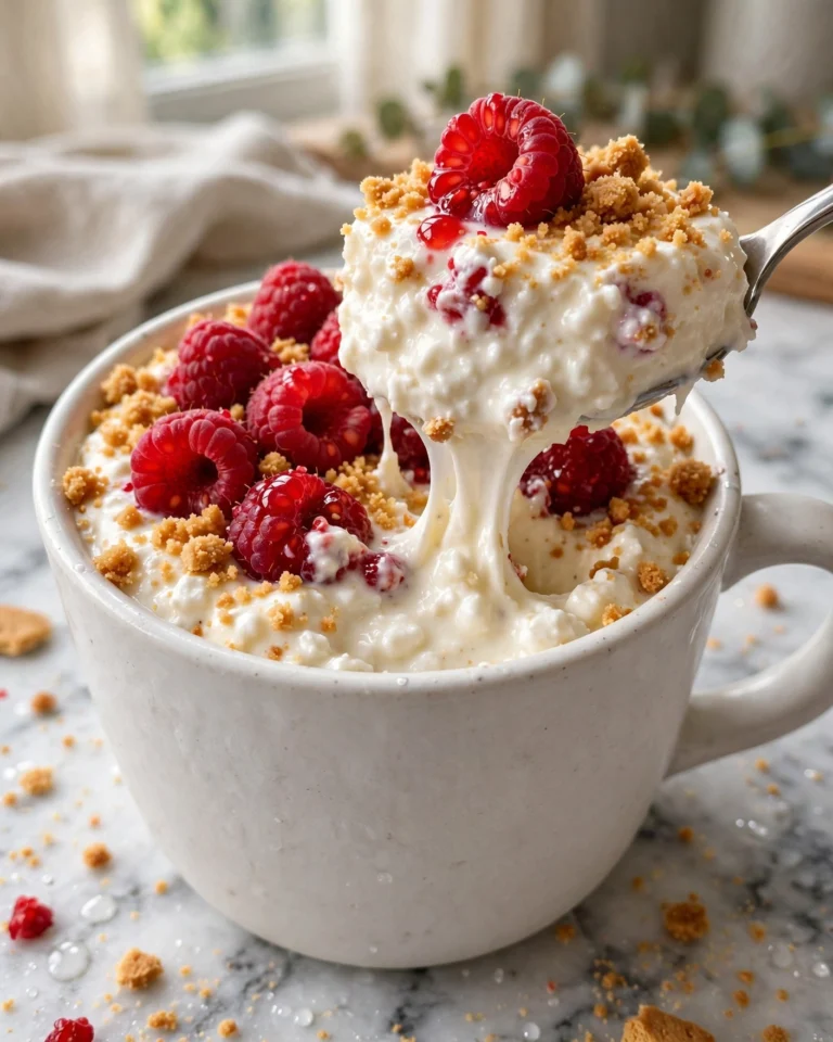 High Protein Raspberry Cheesecake Mug (28g Protein in 5 Minutes) 1 High Protein Raspberry Cheesecake Mug topped with fresh raspberries and graham cracker crumble