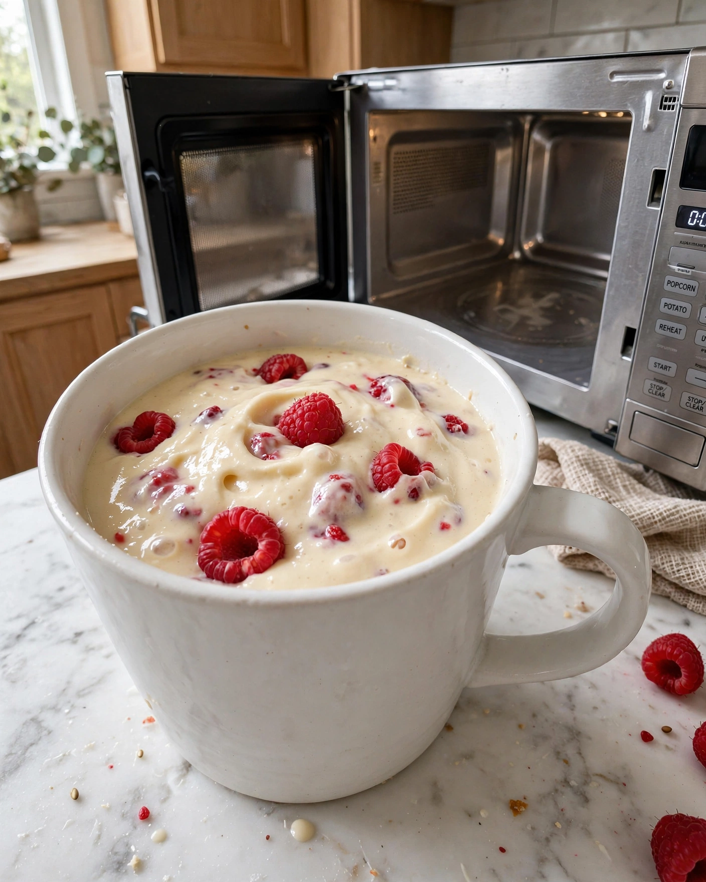 High Protein Raspberry Cheesecake Mug (28g Protein in 5 Minutes) 3 Preparing a high protein raspberry cheesecake mug before microwaving